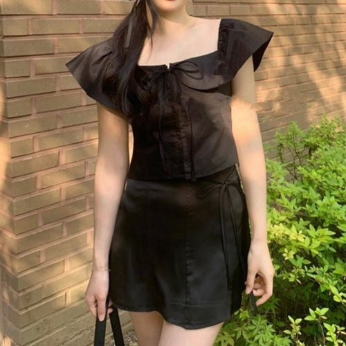 2021 Summer Sexy Lotus Collar Bow Flying Sleeve Slim Shirt Crop Top+ Bandage High Waist Mini Skirts 2 Piece Sets Womens Outfits