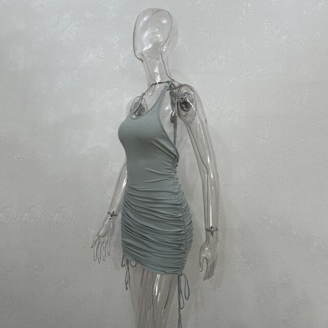 2021 Summer Sexy Sling Hanging Neck Drawstring Short Skirt Thread Temperament Halter Dress Women's New Mini Skirt