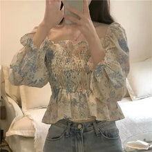 Load image into Gallery viewer, 2021 Summer Sexy Sweet Beach Young Style Floral SHORT Folds Casual Shirts Square Collar Slim Corset Top Blouse Woman STREETWEAR