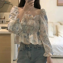 Load image into Gallery viewer, 2021 Summer Sexy Sweet Beach Young Style Floral SHORT Folds Casual Shirts Square Collar Slim Corset Top Blouse Woman STREETWEAR