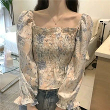 Load image into Gallery viewer, 2021 Summer Sexy Sweet Beach Young Style Floral SHORT Folds Casual Shirts Square Collar Slim Corset Top Blouse Woman STREETWEAR