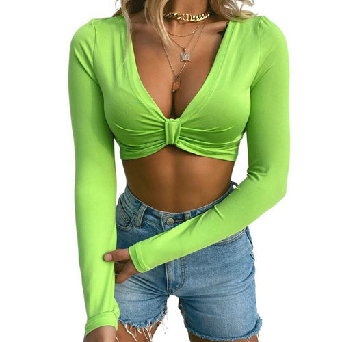 2021 Summer Sexy Women's V-neck Solid Color Pleated LONG SLEEVE T-shirt Bra Top Crop Women Tops Streetwear Haut Tunique Femme