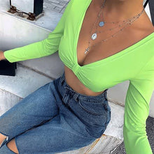 Load image into Gallery viewer, 2021 Summer Sexy Women&#39;s V-neck Solid Color Pleated LONG SLEEVE T-shirt Bra Top Crop Women Tops Streetwear Haut Tunique Femme
