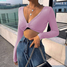 Load image into Gallery viewer, 2021 Summer Sexy Women&#39;s V-neck Solid Color Pleated LONG SLEEVE T-shirt Bra Top Crop Women Tops Streetwear Haut Tunique Femme