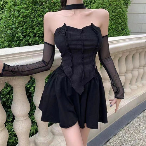 2021 Summer Sexy Y2k Women Skirt Suits Black Korean Strap Tops Party Mini Skirt Shorts Backless Beach Boho Vacation Outfits 2021