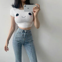 Load image into Gallery viewer, 2021 Summer Short Sleeve Short Crop Top Slim Round Neck Furry Kawaii Smiling Face White Top Fashion Casual Expression Clothes