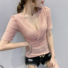 Load image into Gallery viewer, 2021 Summer Short Sleeve V-Neck Lace Tops Fashion Casual Hollow Out Women&#39;s T-Shirt Elegant Slim Female Blusas