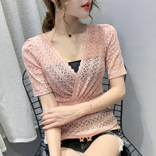 Load image into Gallery viewer, 2021 Summer Short Sleeve V-Neck Lace Tops Fashion Casual Hollow Out Women&#39;s T-Shirt Elegant Slim Female Blusas
