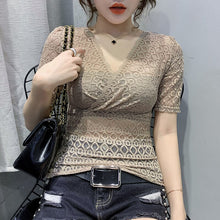 Load image into Gallery viewer, 2021 Summer Short Sleeve V-Neck Lace Tops Fashion Casual Hollow Out Women&#39;s T-Shirt Elegant Slim Female Blusas