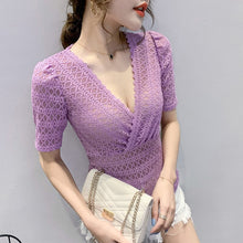 Load image into Gallery viewer, 2021 Summer Short Sleeve V-Neck Lace Tops Fashion Casual Hollow Out Women&#39;s T-Shirt Elegant Slim Female Blusas