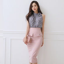 Load image into Gallery viewer, 2021 Summer Skirt Two Piece Set Women Elegant Temperament Lace-up Sleeveless Printed Shirt Tops + High Waist Bodycon Skirt Suits