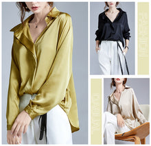 Load image into Gallery viewer, 2021 Summer Spring Casual Blouse Women Fashion Long Sleeves Tops Vintage Femme V Neck Shirts Elegant Sexy Silk