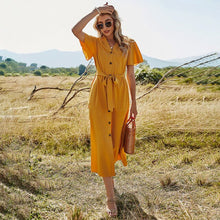 Load image into Gallery viewer, 2021 Summer Spring Sexy V-neck Button Solid Dress Women Casual Beach Maxi Short Sleeve Sundress Lace Up Bow A-Line Dress Vestido