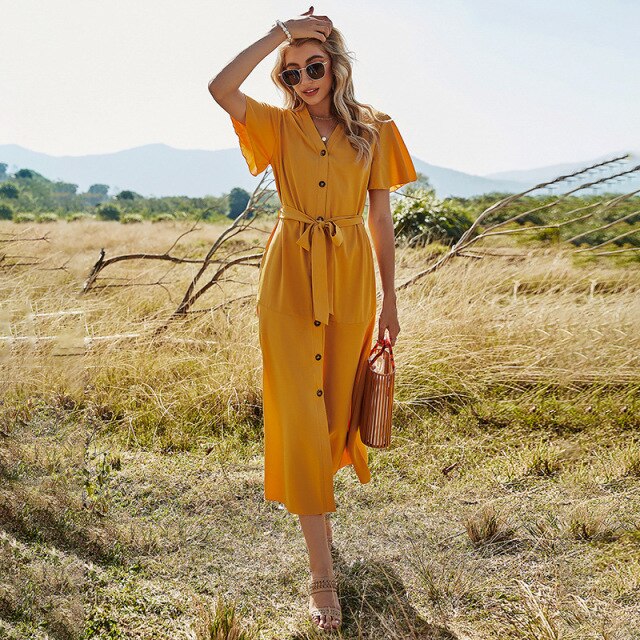 2021 Summer Spring Sexy V-neck Button Solid Dress Women Casual Beach Maxi Short Sleeve Sundress Lace Up Bow A-Line Dress Vestido