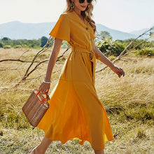 Load image into Gallery viewer, 2021 Summer Spring Sexy V-neck Button Solid Dress Women Casual Beach Maxi Short Sleeve Sundress Lace Up Bow A-Line Dress Vestido