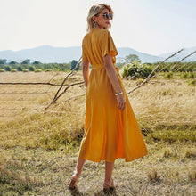 Load image into Gallery viewer, 2021 Summer Spring Sexy V-neck Button Solid Dress Women Casual Beach Maxi Short Sleeve Sundress Lace Up Bow A-Line Dress Vestido