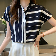 Load image into Gallery viewer, 2021 Summer Stripe Chiffon Short Sleeve Shirt Stand Collar Slim Blouses Button Chiffon Blusas Female Dropshipping Korean 0618