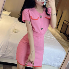 Load image into Gallery viewer, 2021 Summer Sweet Temperament Knit Two Piece Sets Short-sleeved Top + Slim Bag Hip Skirt Casual Skirts Suits Conjuntos De Mujer