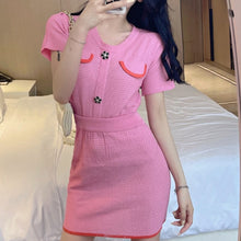 Load image into Gallery viewer, 2021 Summer Sweet Temperament Knit Two Piece Sets Short-sleeved Top + Slim Bag Hip Skirt Casual Skirts Suits Conjuntos De Mujer