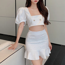 Load image into Gallery viewer, 2021 Summer Sweet Two Piece Sets French Small Fragrant Style Ladies Crop Top High Waist Covered Hip Ensembles Femme Skirts Suits