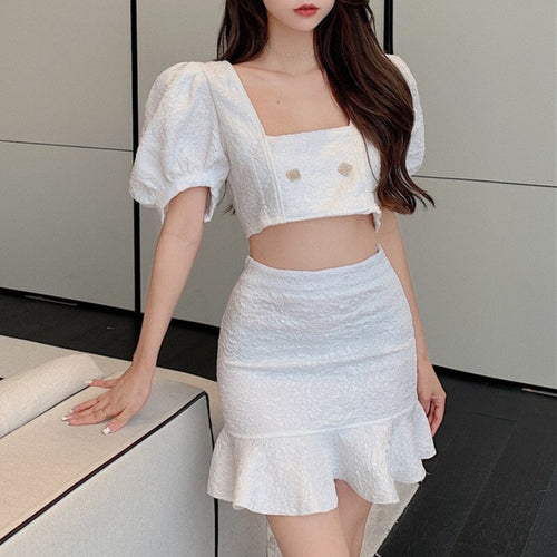 2021 Summer Sweet Two Piece Sets French Small Fragrant Style Ladies Crop Top High Waist Covered Hip Ensembles Femme Skirts Suits