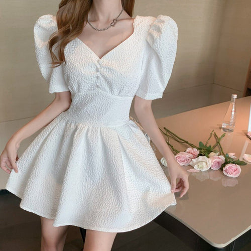 2021 Summer Sweet White Vintage Dress Korea Women Elegant Puff Sleeve Slim Waist Party Mini Dress Female
