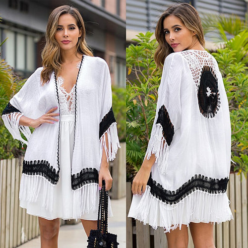 2021 Summer Swimsuit Lace Hollow Crochet For The Beach Bikini Cover Up 3/4 Sleeve Women Tops Swimwear Beachwear