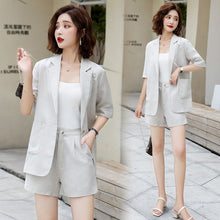 Load image into Gallery viewer, 2021 Summer Two Pieces Cotton Linen Suits Women Short Sleeve Blazer Coat tops Blouse+Elastic Waist Short Pants Trousers Sets