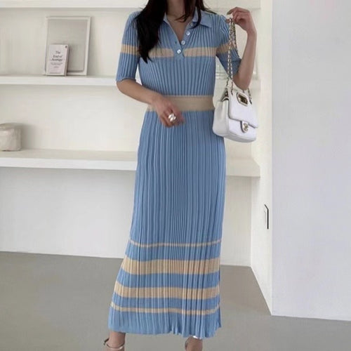 2021 Summer Vintage Color Matching Polo Slim Knitted Maxi Dress Female Sexy Short Sleeve Ladies Buttons Bodycon Dress Vestidos