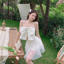 Load image into Gallery viewer, 2021 Summer White 2 Piece Sets Womens Outfits Sexy Crop Tops Big Bow Vest Sweet Camisoles + Mini High Waist Organza Skirt Shorts