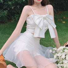 Load image into Gallery viewer, 2021 Summer White 2 Piece Sets Womens Outfits Sexy Crop Tops Big Bow Vest Sweet Camisoles + Mini High Waist Organza Skirt Shorts