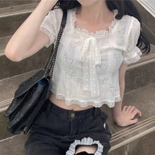 Load image into Gallery viewer, 2021 Summer White Chiffon Kawaii Blouse Women Japanese Puff Sleeve Lace Casual Sweet Blouse Shirt Slim Princess Korean Clothes