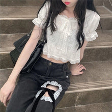 Load image into Gallery viewer, 2021 Summer White Chiffon Kawaii Blouse Women Japanese Puff Sleeve Lace Casual Sweet Blouse Shirt Slim Princess Korean Clothes