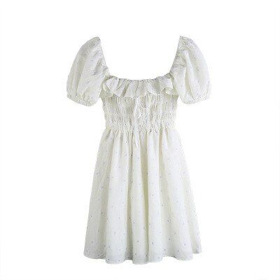 2021 Summer White Flower Beach Dress Woman Puff Sleeve Slash Collar Ruffled Daisy Embroidered Pleated Elegant Vintage Dress Robe
