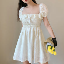 Load image into Gallery viewer, 2021 Summer White Flower Beach Dress Woman Puff Sleeve Slash Collar Ruffled Daisy Embroidered Pleated Elegant Vintage Dress Robe