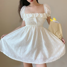 Load image into Gallery viewer, 2021 Summer White Flower Beach Dress Woman Puff Sleeve Slash Collar Ruffled Daisy Embroidered Pleated Elegant Vintage Dress Robe