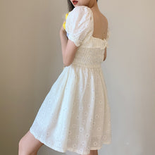 Load image into Gallery viewer, 2021 Summer White Flower Beach Dress Woman Puff Sleeve Slash Collar Ruffled Daisy Embroidered Pleated Elegant Vintage Dress Robe