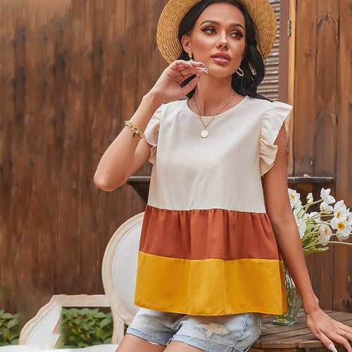 2021 Summer Women Casual Color-block Blouse Shirts V Neck Ruffles Sleeveless Cotton Shirts Fashion Female Striped Tops Blusas