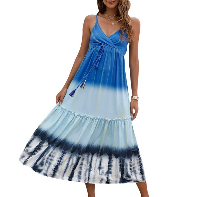 2021 Summer Women Dress Adjustable Spaghetti Shoulder Straps V-neck Print A Line Beach Party Dress High Waist Loose Mini Dress