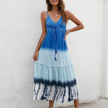 Load image into Gallery viewer, 2021 Summer Women Dress Adjustable Spaghetti Shoulder Straps V-neck Print A Line Beach Party Dress High Waist Loose Mini Dress