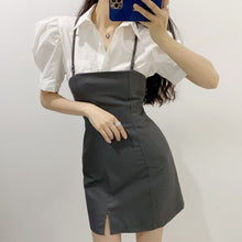Load image into Gallery viewer, 2021 Summer Women Dress Sets Korea White Puff Sleeve Turn Down Collar Blouse And Sexy Backless Sling Mini Dress Suits Vestidos