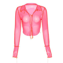 Load image into Gallery viewer, 2021 Summer Women Mesh Tops Long Sleeve V-neck Perspective Net Yarn T-shirt See-through Hollow Out Black Casual Blouses