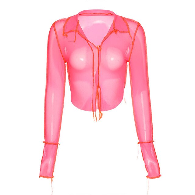 2021 Summer Women Mesh Tops Long Sleeve V-neck Perspective Net Yarn T-shirt See-through Hollow Out Black Casual Blouses