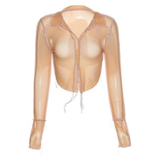 Load image into Gallery viewer, 2021 Summer Women Mesh Tops Long Sleeve V-neck Perspective Net Yarn T-shirt See-through Hollow Out Black Casual Blouses