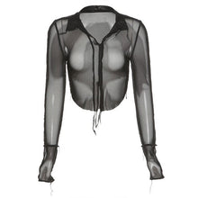 Load image into Gallery viewer, 2021 Summer Women Mesh Tops Long Sleeve V-neck Perspective Net Yarn T-shirt See-through Hollow Out Black Casual Blouses
