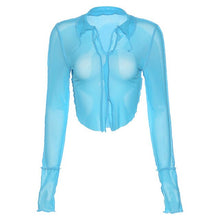 Load image into Gallery viewer, 2021 Summer Women Mesh Tops Long Sleeve V-neck Perspective Net Yarn T-shirt See-through Hollow Out Black Casual Blouses