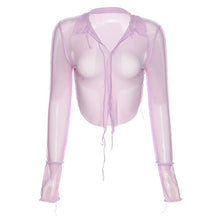 Load image into Gallery viewer, 2021 Summer Women Mesh Tops Long Sleeve V-neck Perspective Net Yarn T-shirt See-through Hollow Out Black Casual Blouses