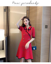 Load image into Gallery viewer, 2021 Summer Women Short Sleeve Double-breasted A-Line Knitting Dress Office Ladies Casual Mini Dress