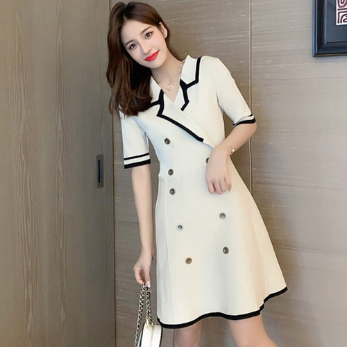 2021 Summer Women Short Sleeve Double-breasted A-Line Knitting Dress Office Ladies Casual Mini Dress