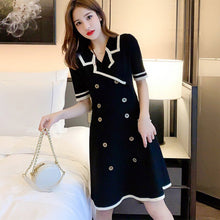 Load image into Gallery viewer, 2021 Summer Women Short Sleeve Double-breasted A-Line Knitting Dress Office Ladies Casual Mini Dress